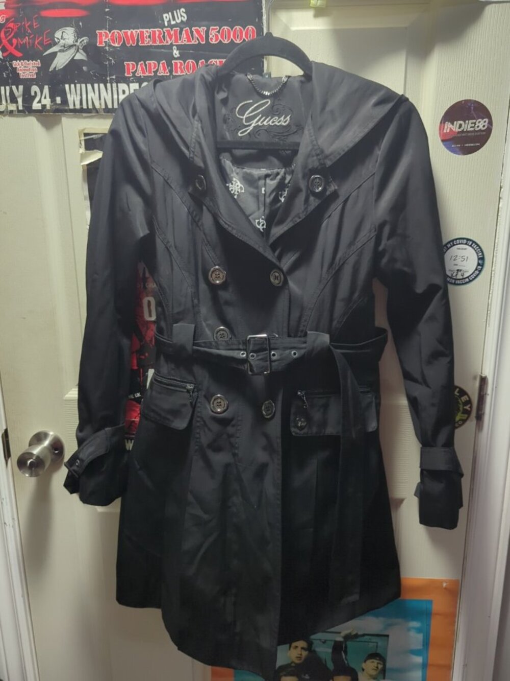 GUESS WOMENS BLACK TRENCH COAT SIZE Medium  WITH HOOD